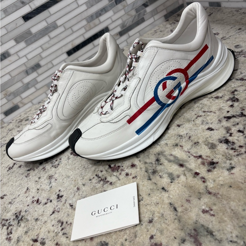 Gucci Men's White Sneakers with Red and Blue Stripes Size 12